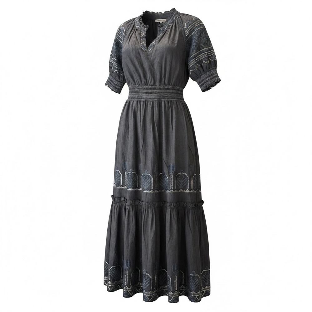 Rose and Rose Embroidered Sequin Cotton Boho Maxi Dress Blue M Smocked Tiered